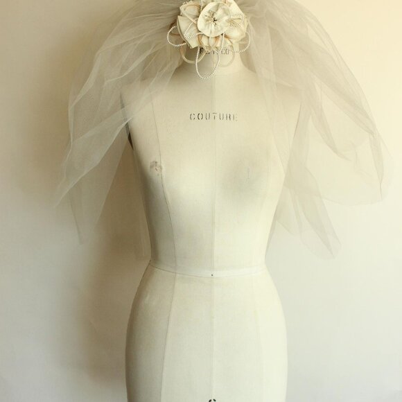 Vintage 1940s 1950s Bridal Veil With Tulle And Pearl Trim, Winter White Blusher - Picture 2 of 10
